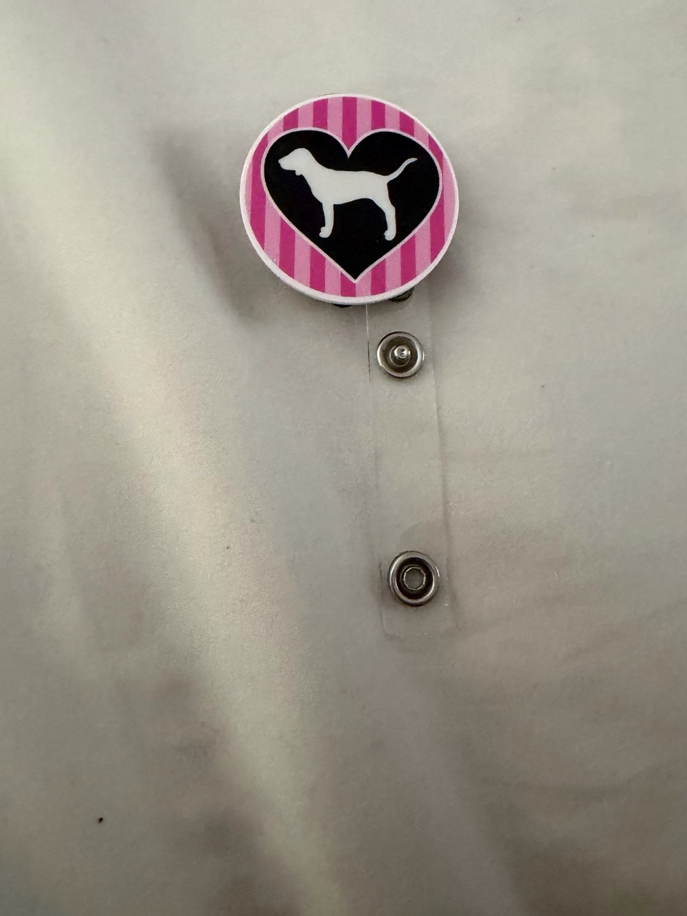 Pink Striped Heart Badge Reel with Dog Silhouette